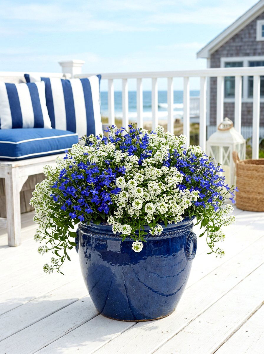 Blue and white flower pot - 25 Spring Container Garden Ideas