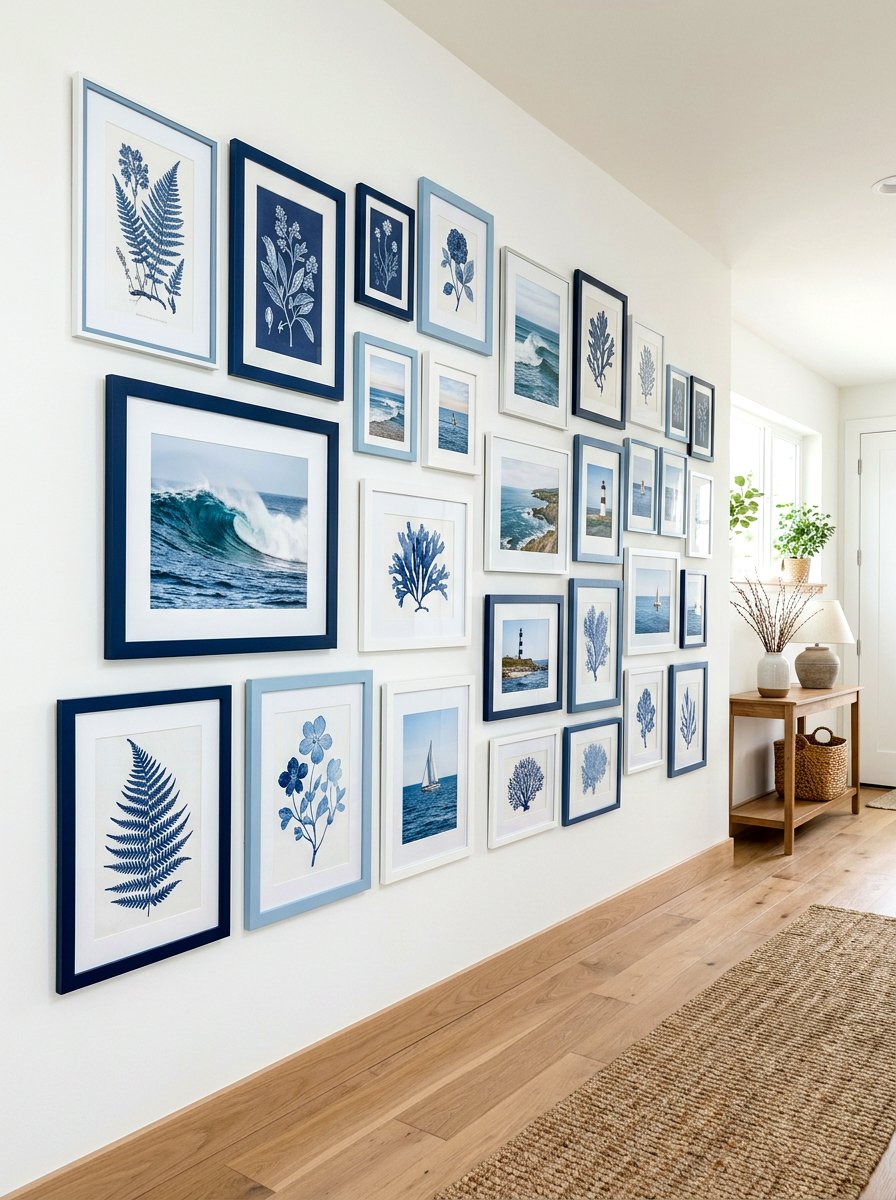 Blue and white gallery wall - 25 Spring Blue and White Decor Ideas