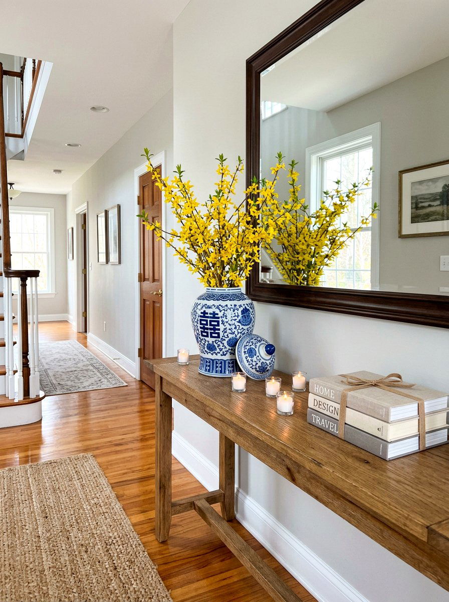 Blue and white ginger jar - 25 Spring Hallway Table Decor Ideas
