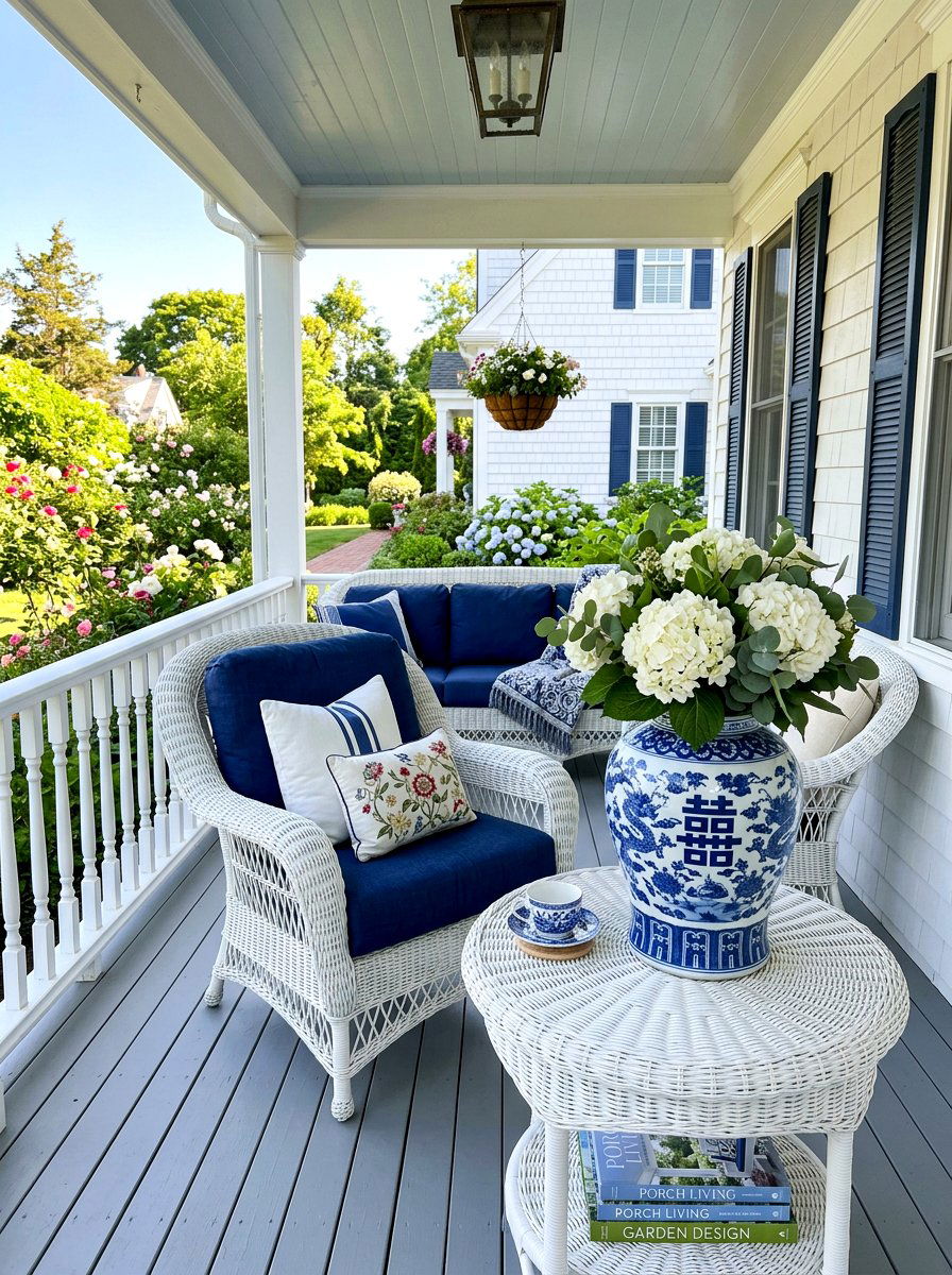 Blue and white ginger jar - 25 Spring Porch Table Decor Ideas