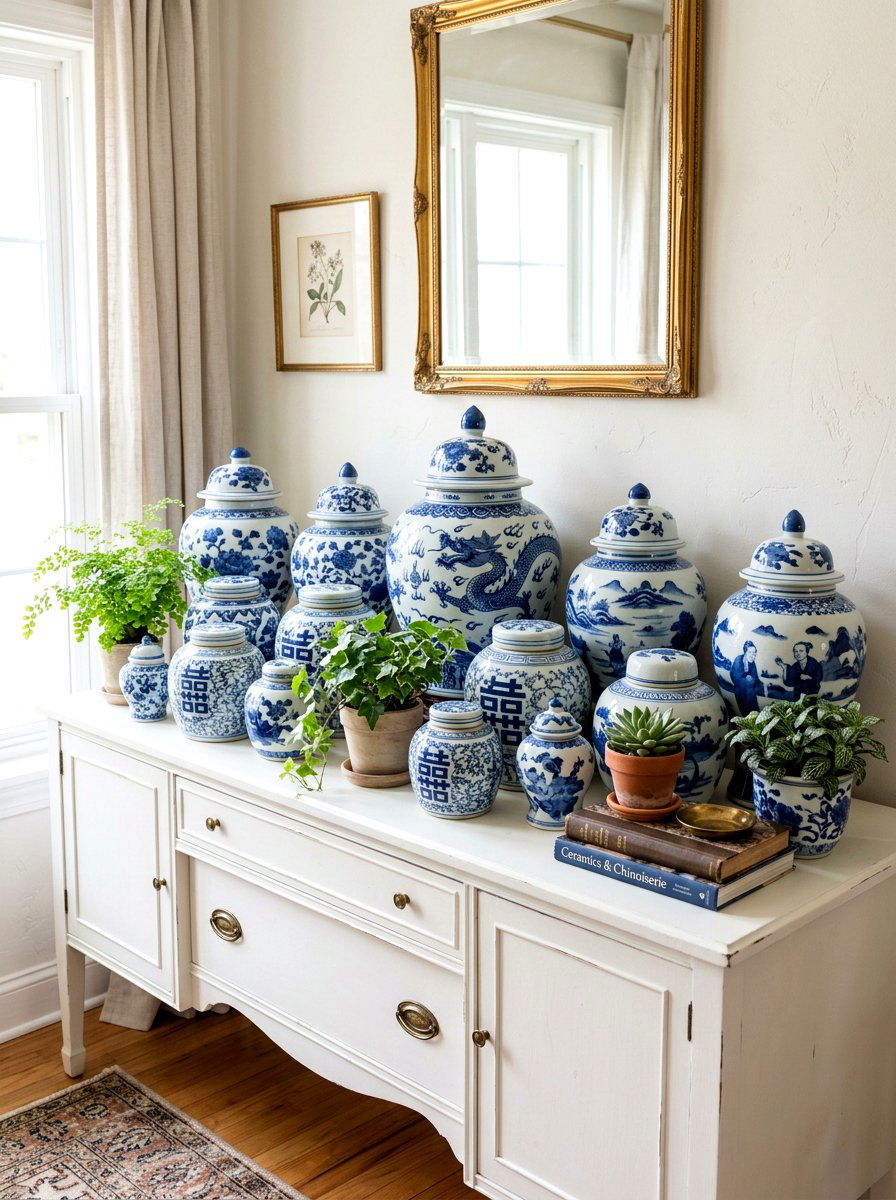 Blue and white ginger jar display - 25 Spring Blue and White Decor Ideas