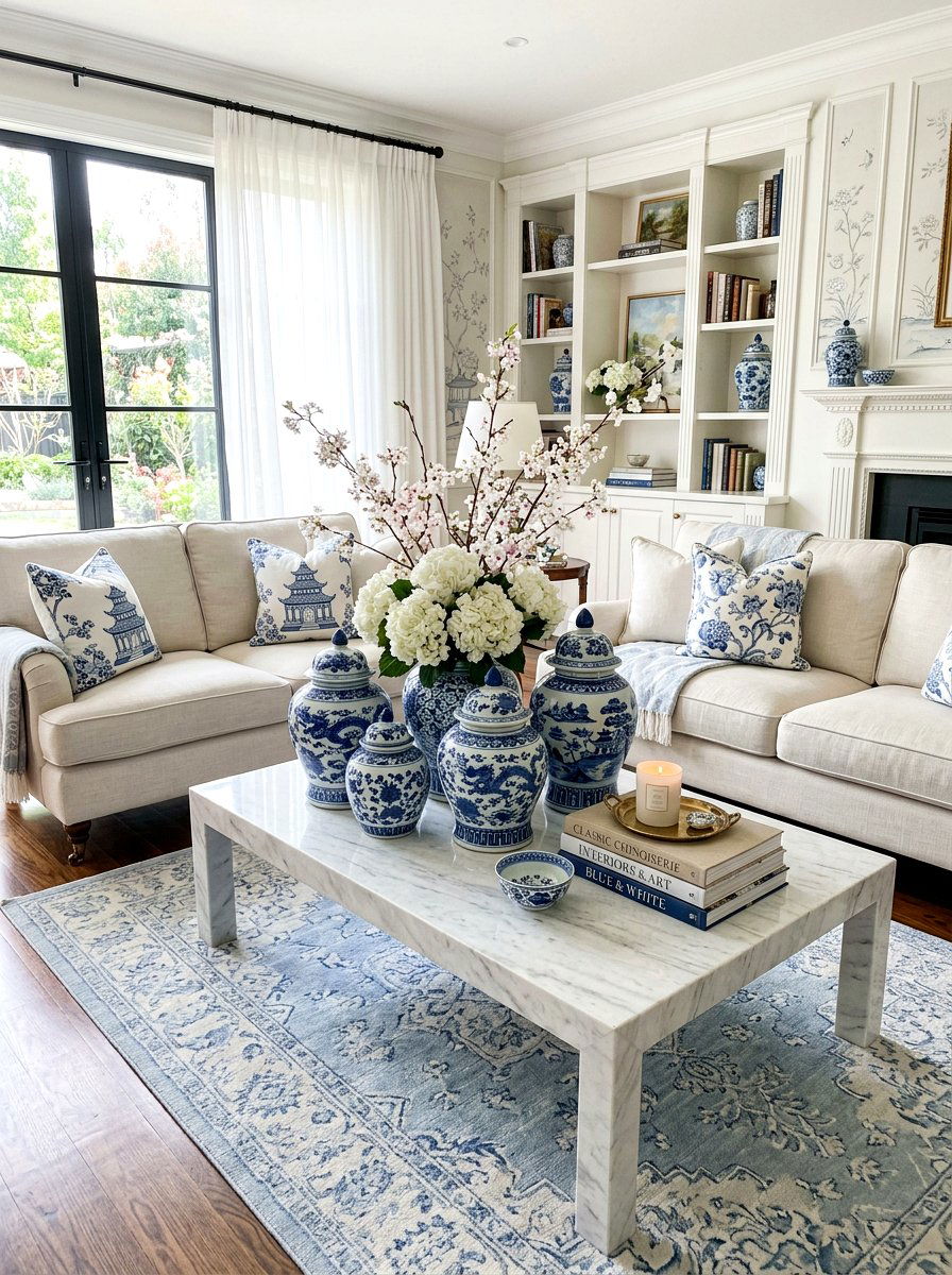 Blue and white ginger jar living room - 25 Spring Ginger Jar Decor Ideas