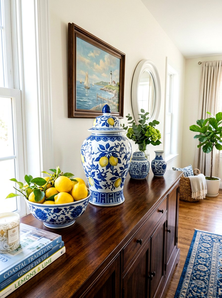 Blue and white ginger jar with lemons - 25 Spring Lemon Centerpiece Ideas