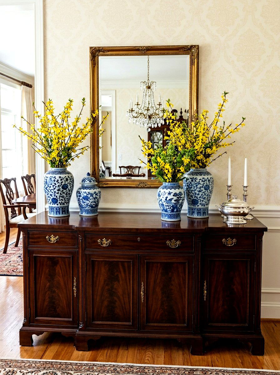 Blue and white ginger jars - 25 Spring Dining Room Buffet Ideas