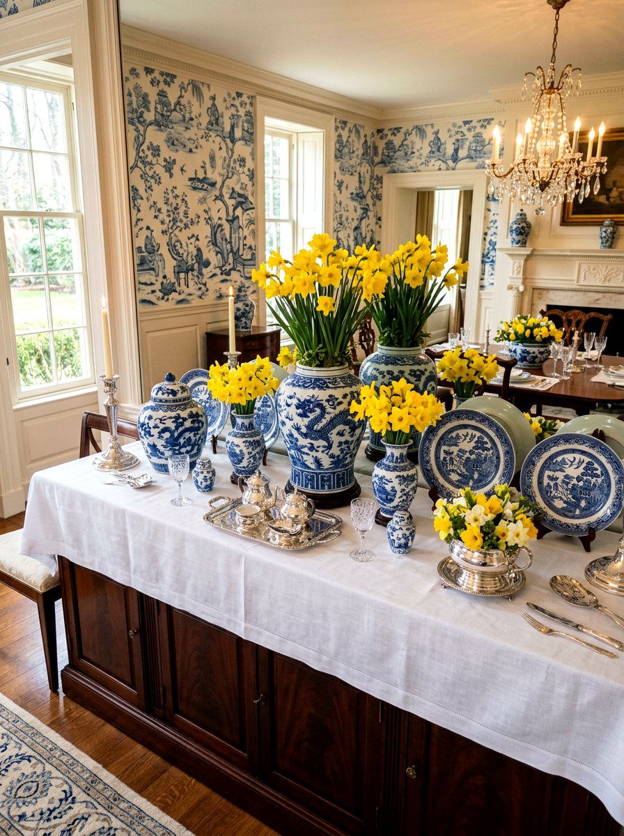 Blue and white porcelain - 25 Spring Buffet Table Decor Ideas