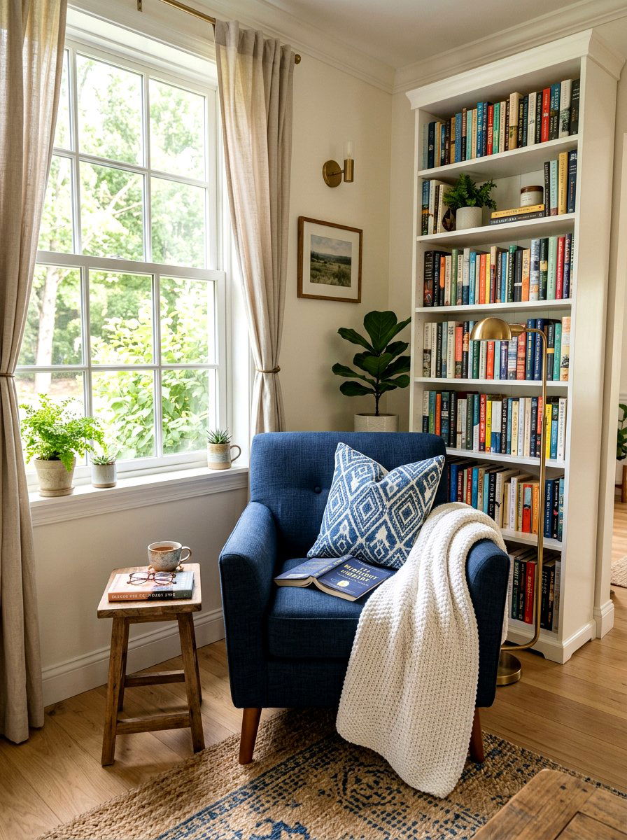Blue and white reading nook - 25 Spring Blue and White Decor Ideas