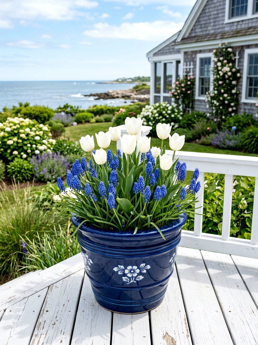 Blue and white spring container - 25 Spring Garden Pot Ideas