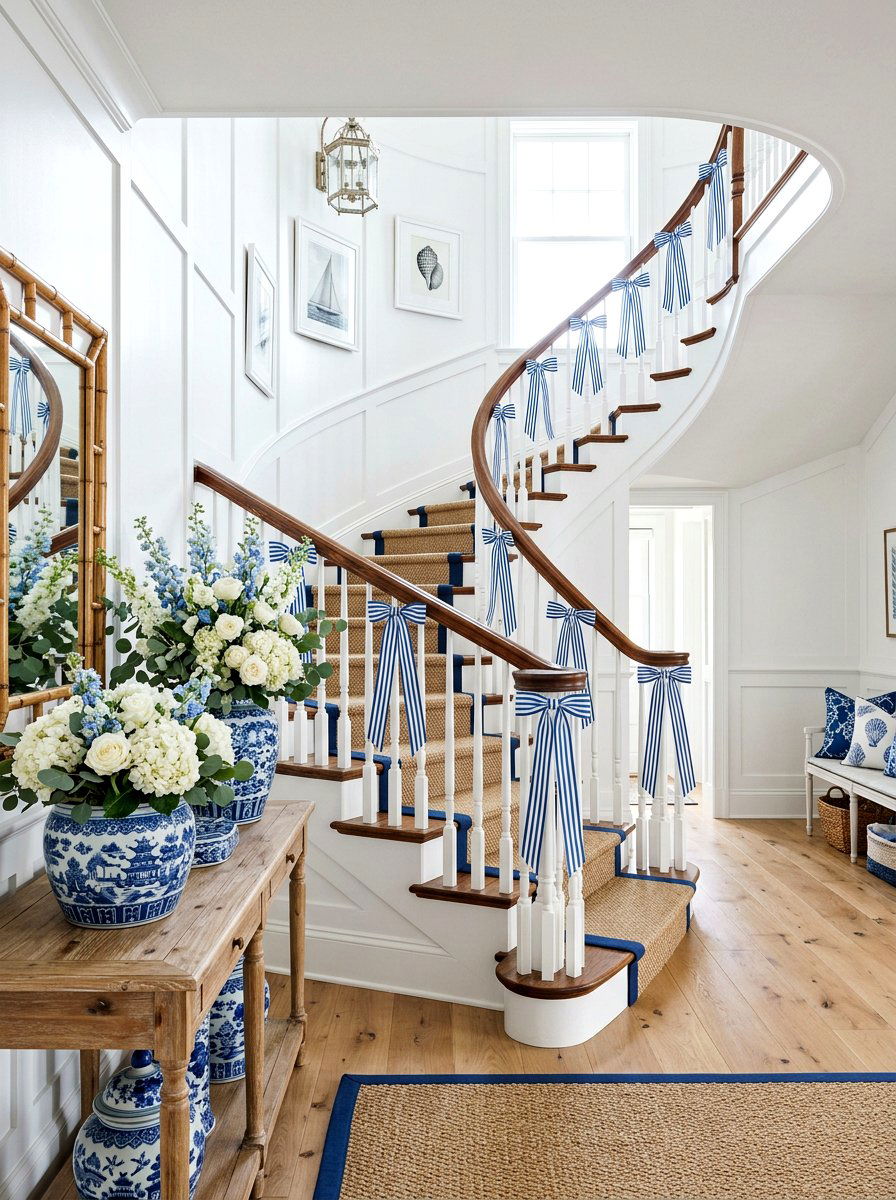 Blue and white spring theme - 25 Spring Staircase Decor Ideas
