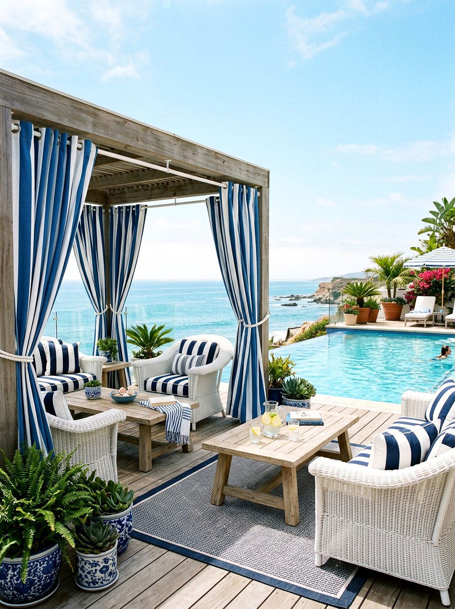 Blue and white striped curtains - 25 Spring Outdoor Curtain Ideas