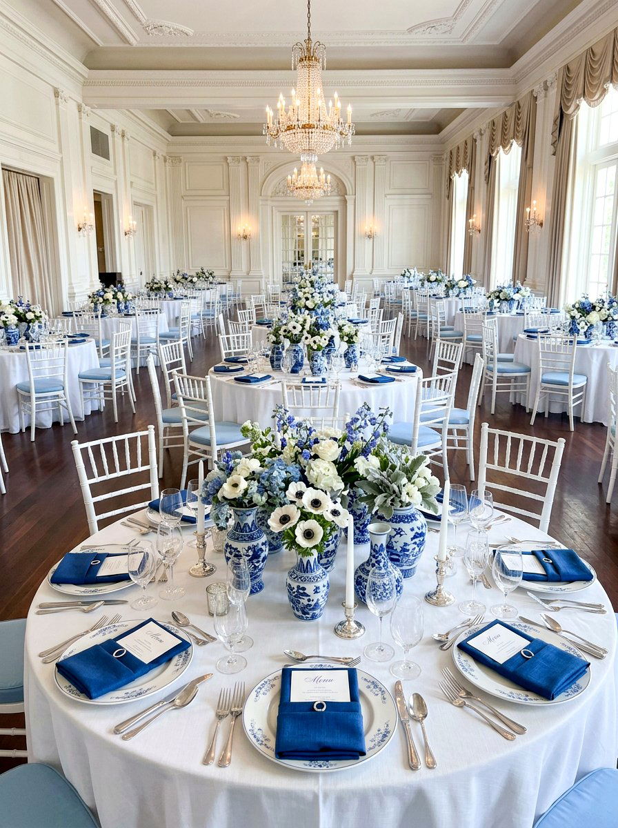 Blue and white tablescapes - 25 Spring Rehearsal Dinner Decor Ideas