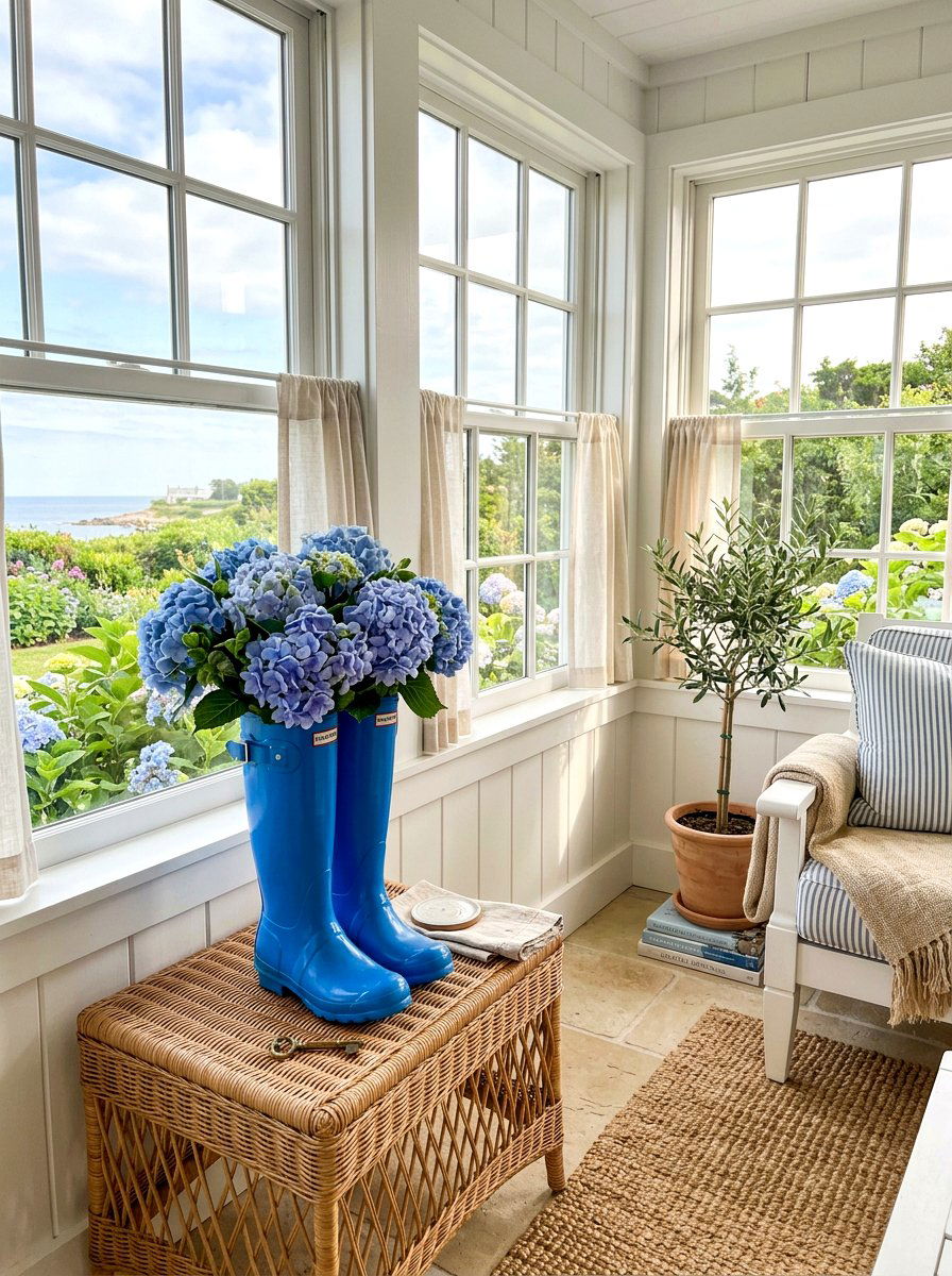 Blue boots with hydrangeas - 25 Spring Rain Boot Decor Ideas