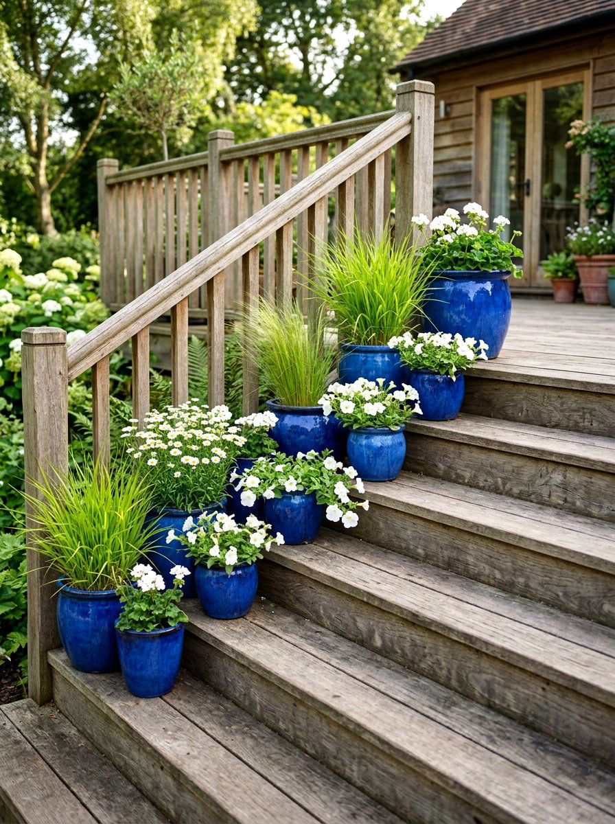 Blue ceramic pots - 25 Spring Deck Staircase Decor Ideas
