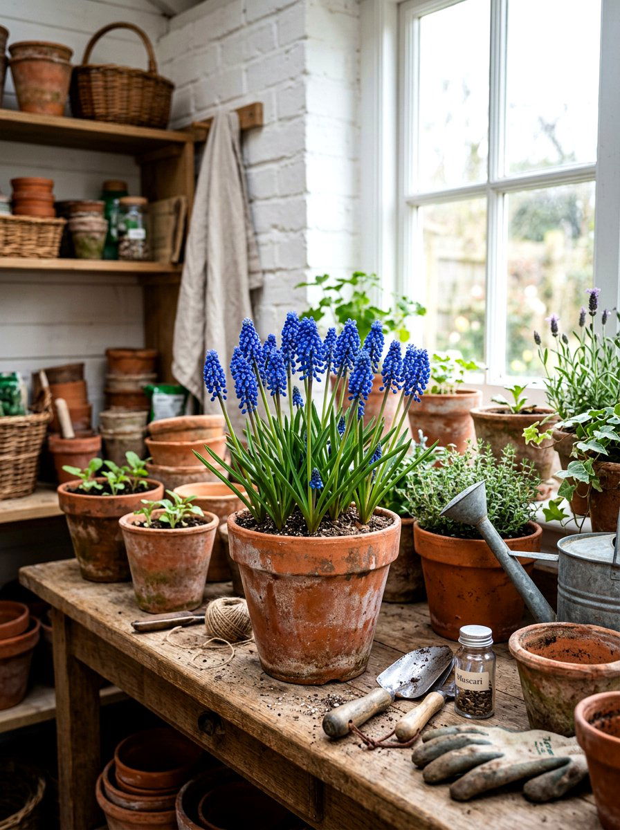 Blue grape hyacinth in clay pot - 25 Spring Muscari Arrangement Ideas