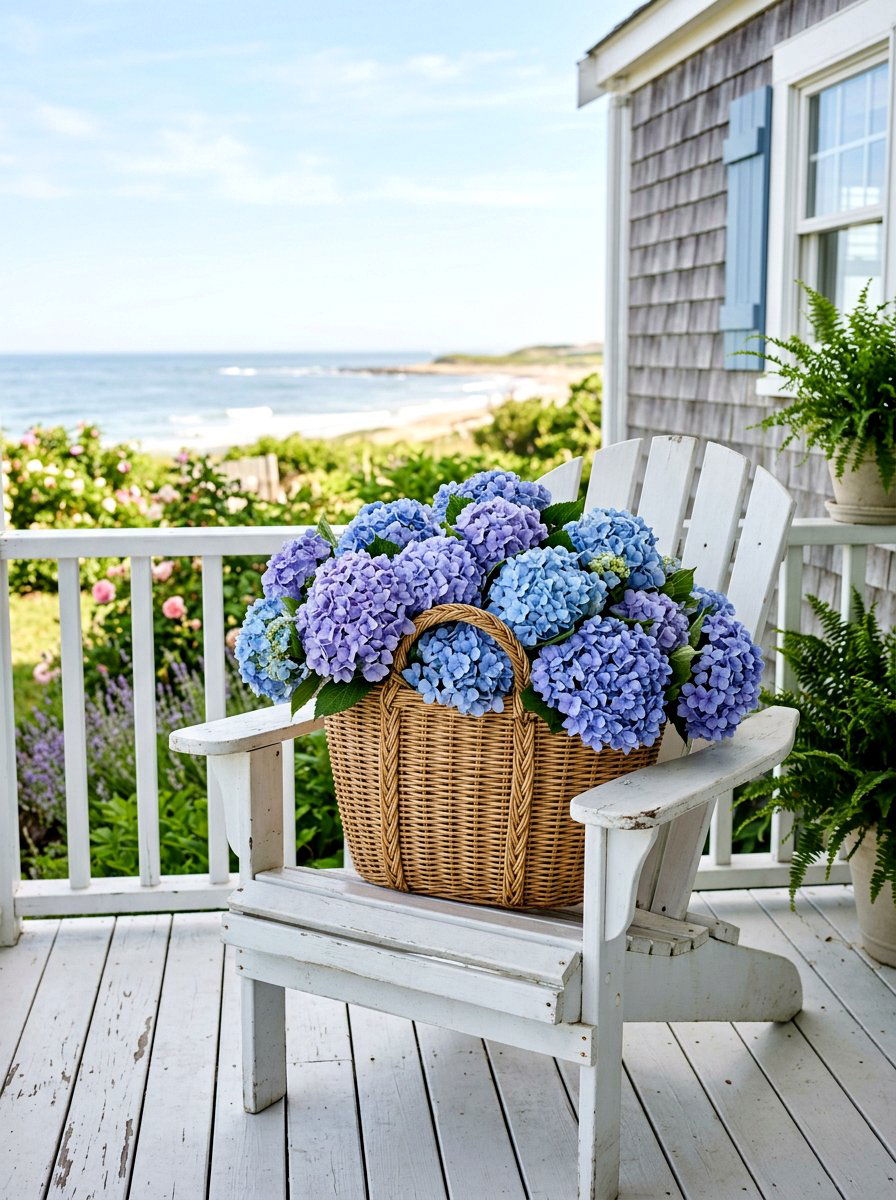 Blue hydrangea basket - 25 Spring Faux Flower Arrangement Ideas
