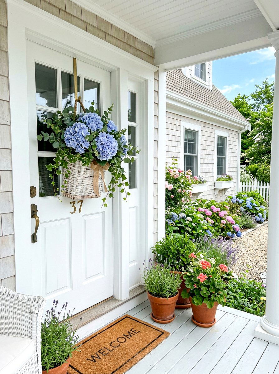 Blue hydrangea door basket - 25 Spring Hanging Basket Door Ideas