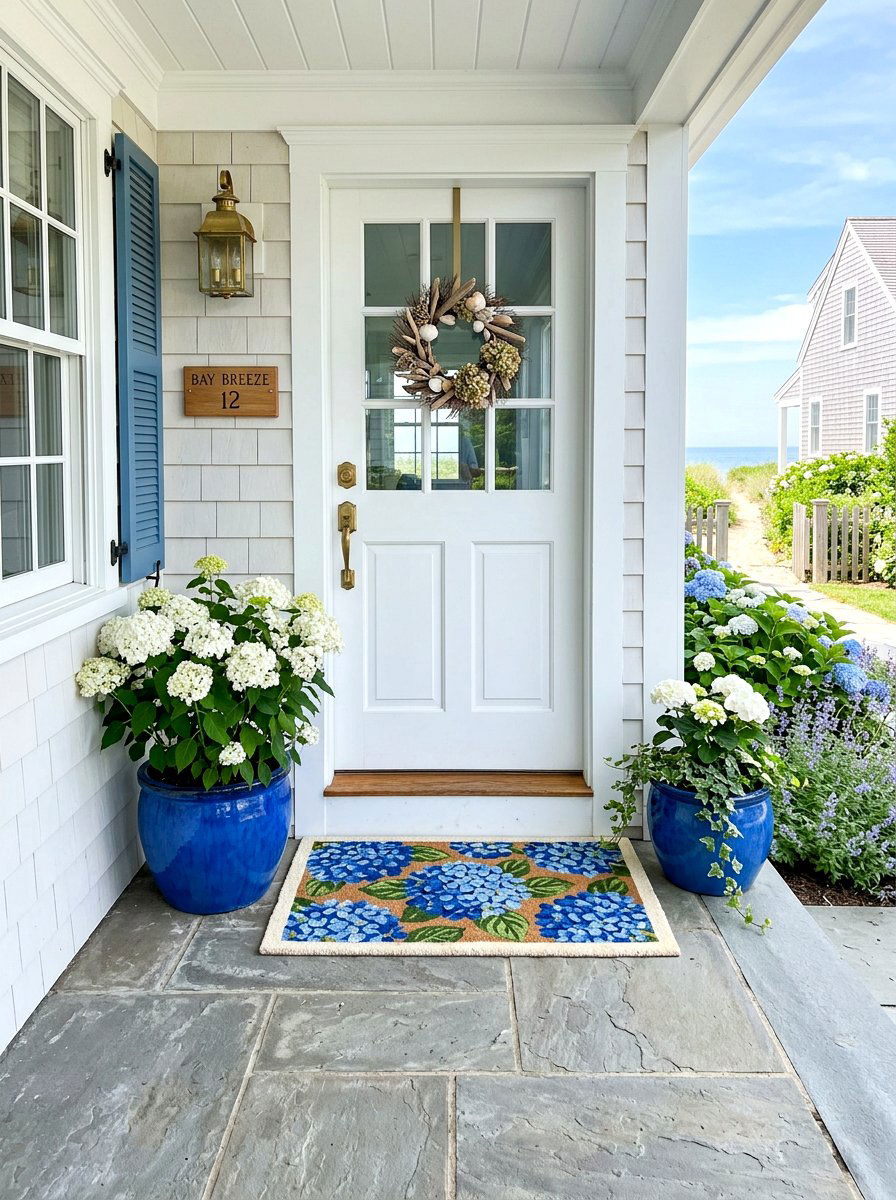 Blue hydrangea entry mat - 25 Spring Welcome Mat Ideas