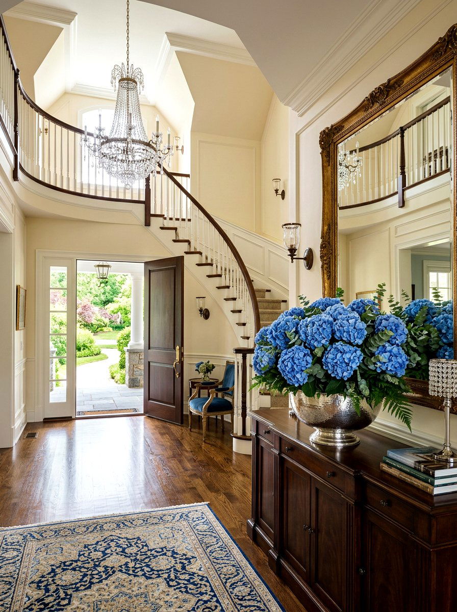 Blue hydrangea entryway table - 25 Spring Fresh Flower Ideas