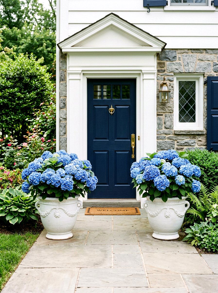 Blue hydrangea front door pots - 25 Spring Porch Flower Pot Ideas