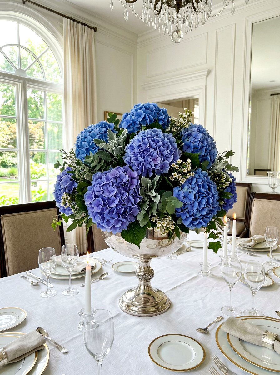 Blue hydrangea spring centerpiece - 25 Spring Compote Bowl Ideas