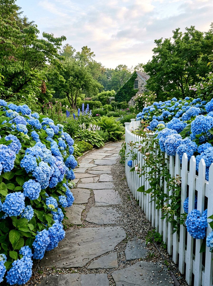 Blue hydrangea walkway - 25 Spring Front Walkway Decor Ideas