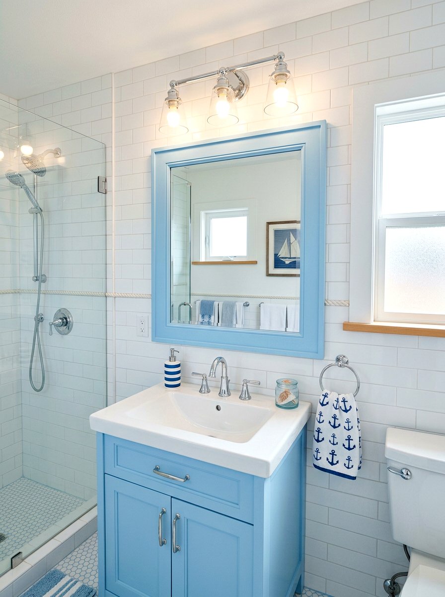 Blue painted bathroom mirror - 25 Spring Bathroom Mirror Decor Ideas