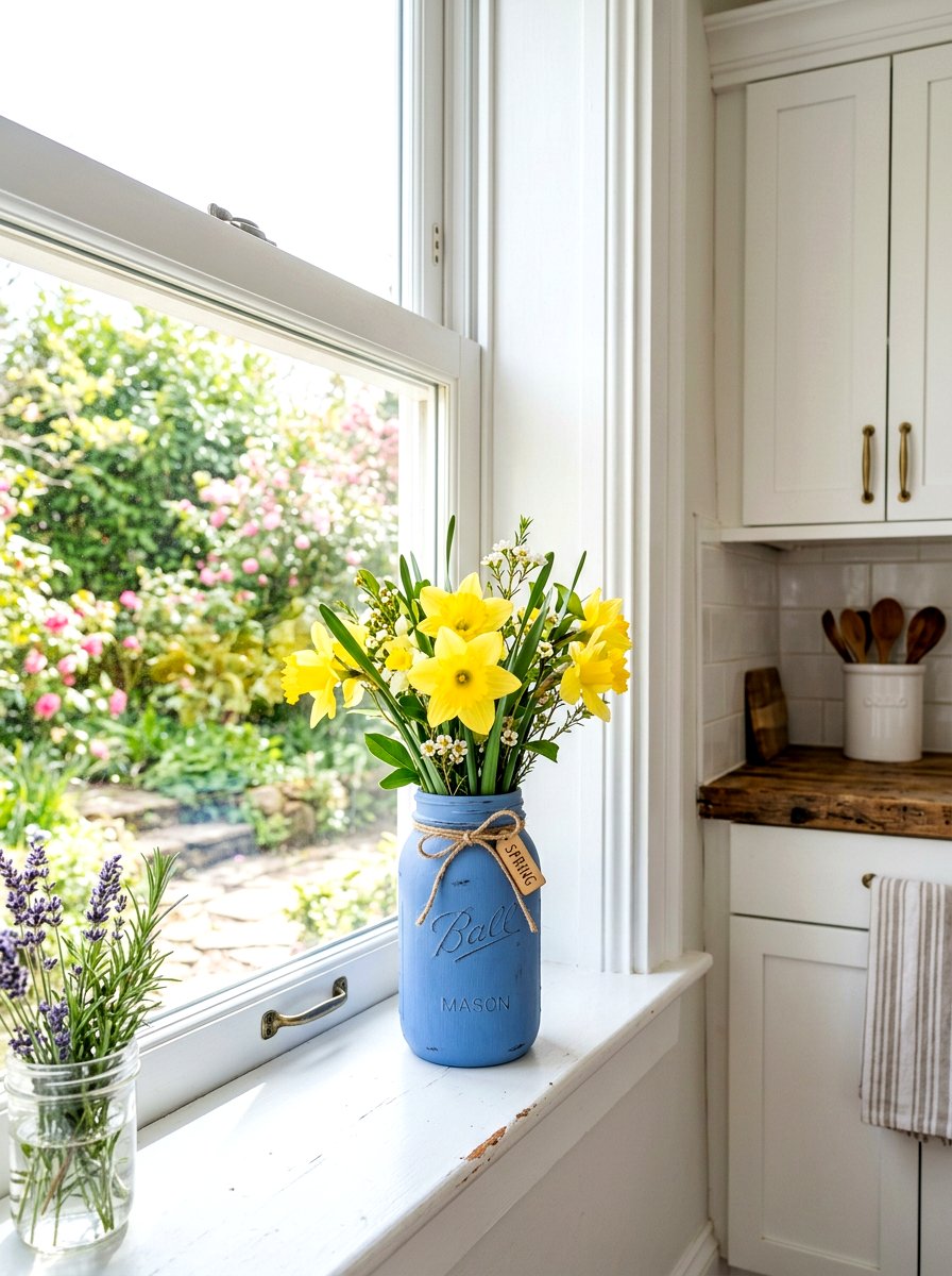 Blue painted mason jar flowers - 25 Spring Mason Jar Vase Ideas