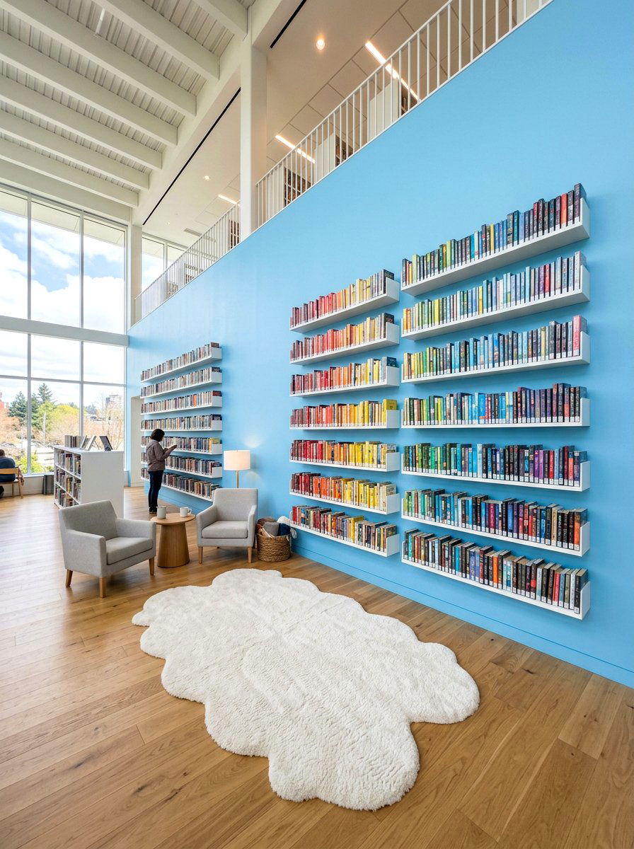 Blue sky library wall - 25 Spring Bookshelf Ideas for Kids