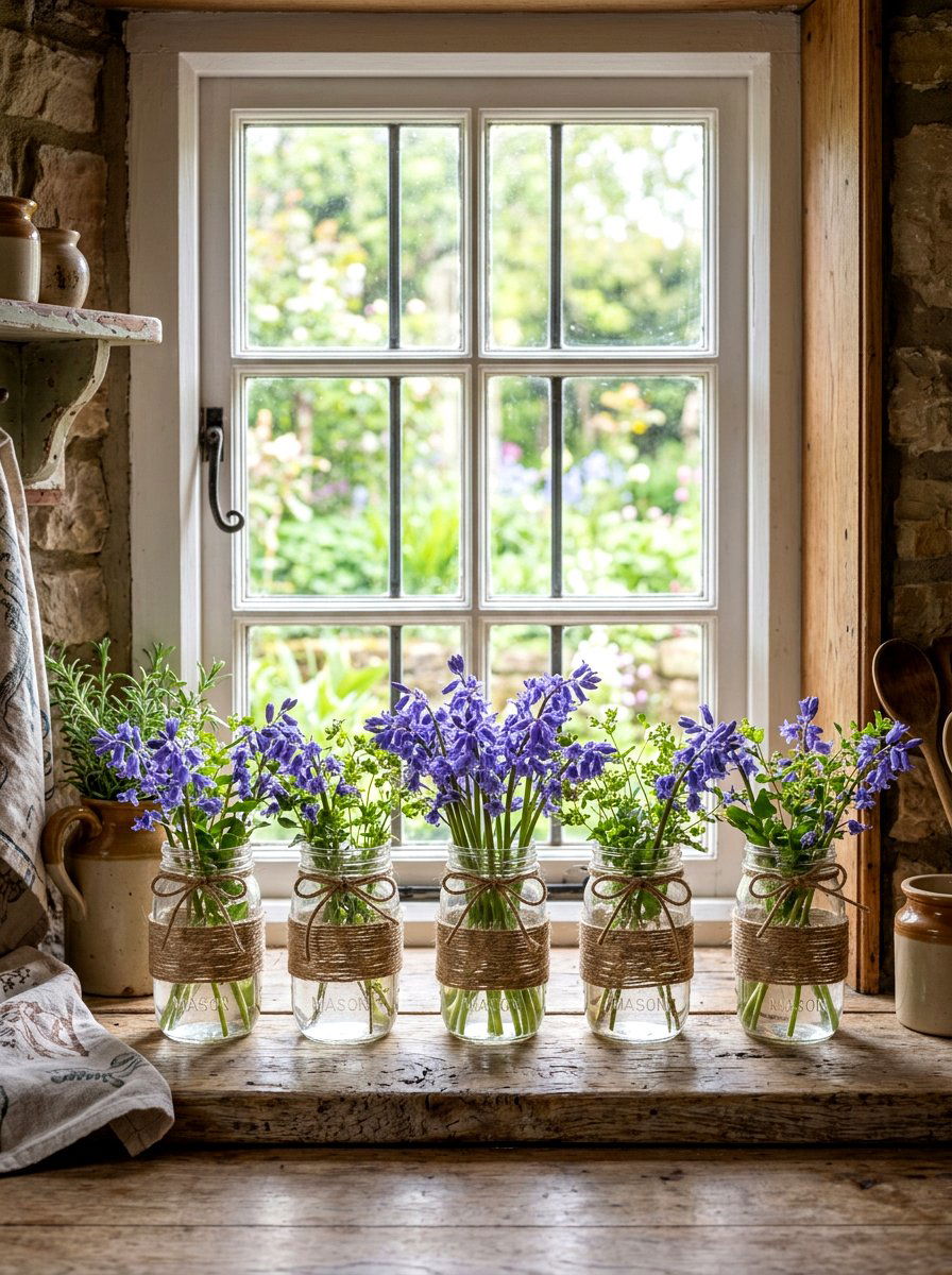 Bluebells In Rustic Jars - 25 Spring Forced Bulb Ideas