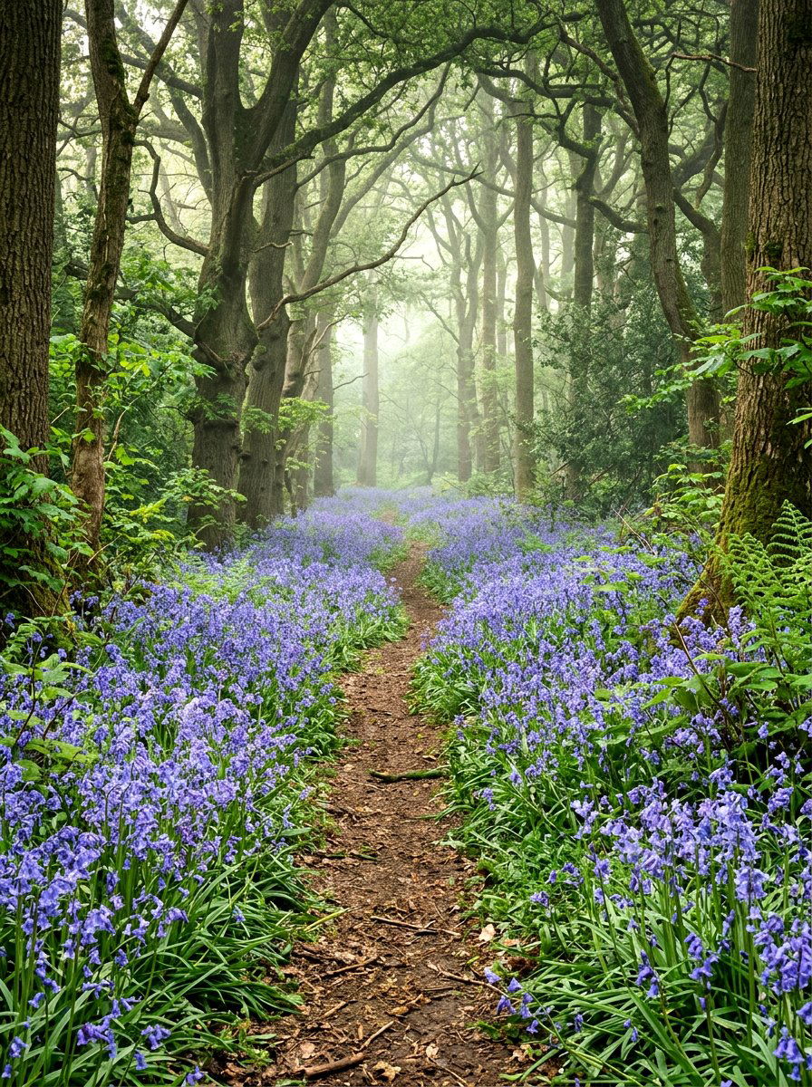 Bluebells Lining Woodland Path - 25 Spring Garden Pathway Decor Ideas