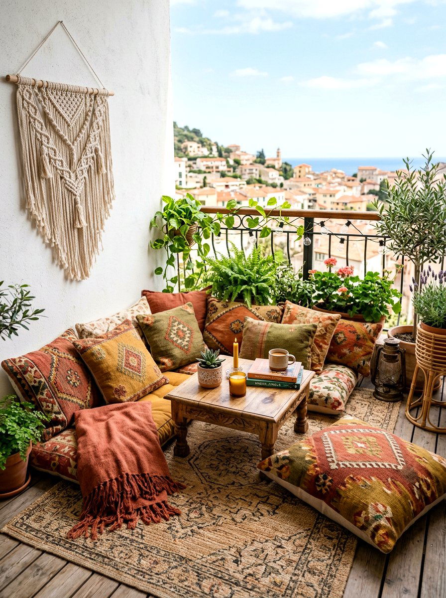 Bohemian Balcony Floor Pillows - 25 Balcony Spring Decor Ideas
