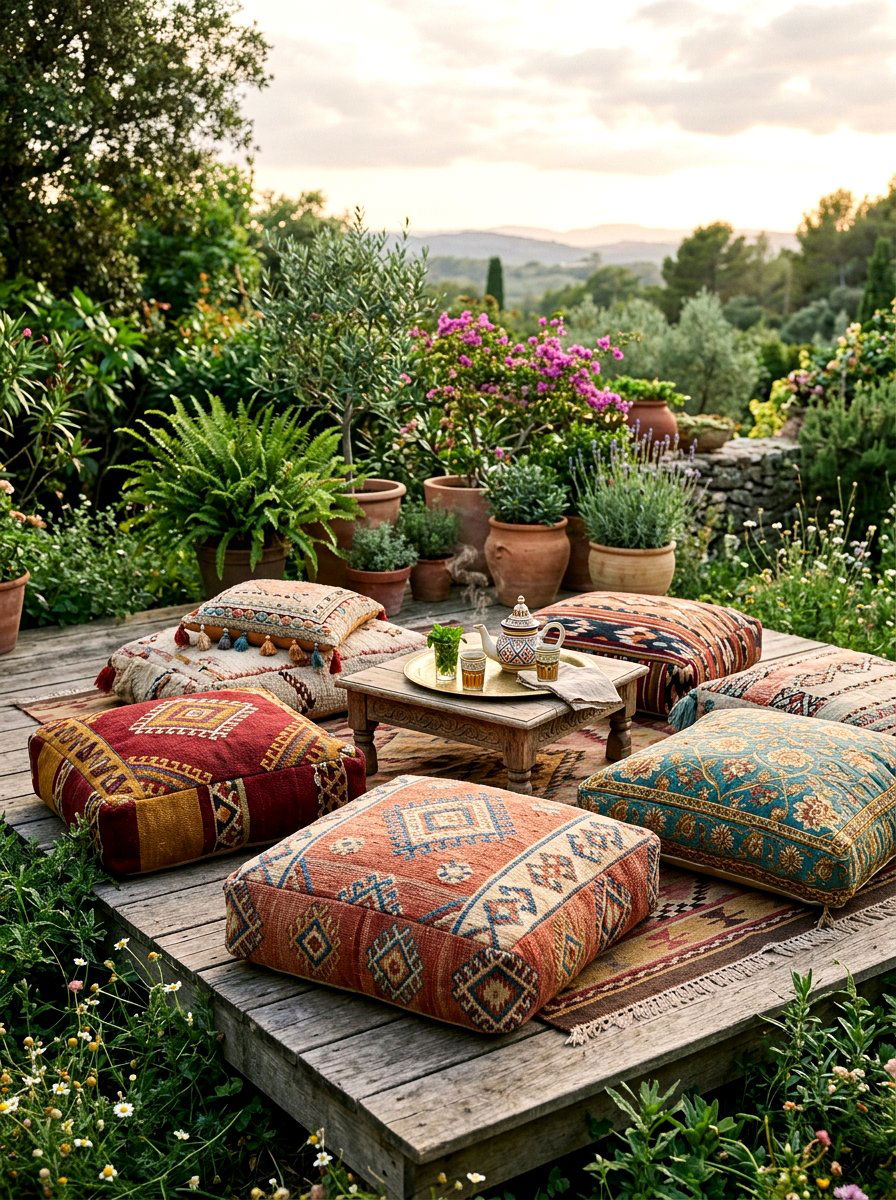 Bohemian Floor Cushions - 25 Spring Garden Nook Decor Ideas