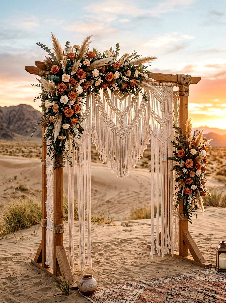 Bohemian Floral Arch With Macrame - 25 Spring Floral Arch Ideas