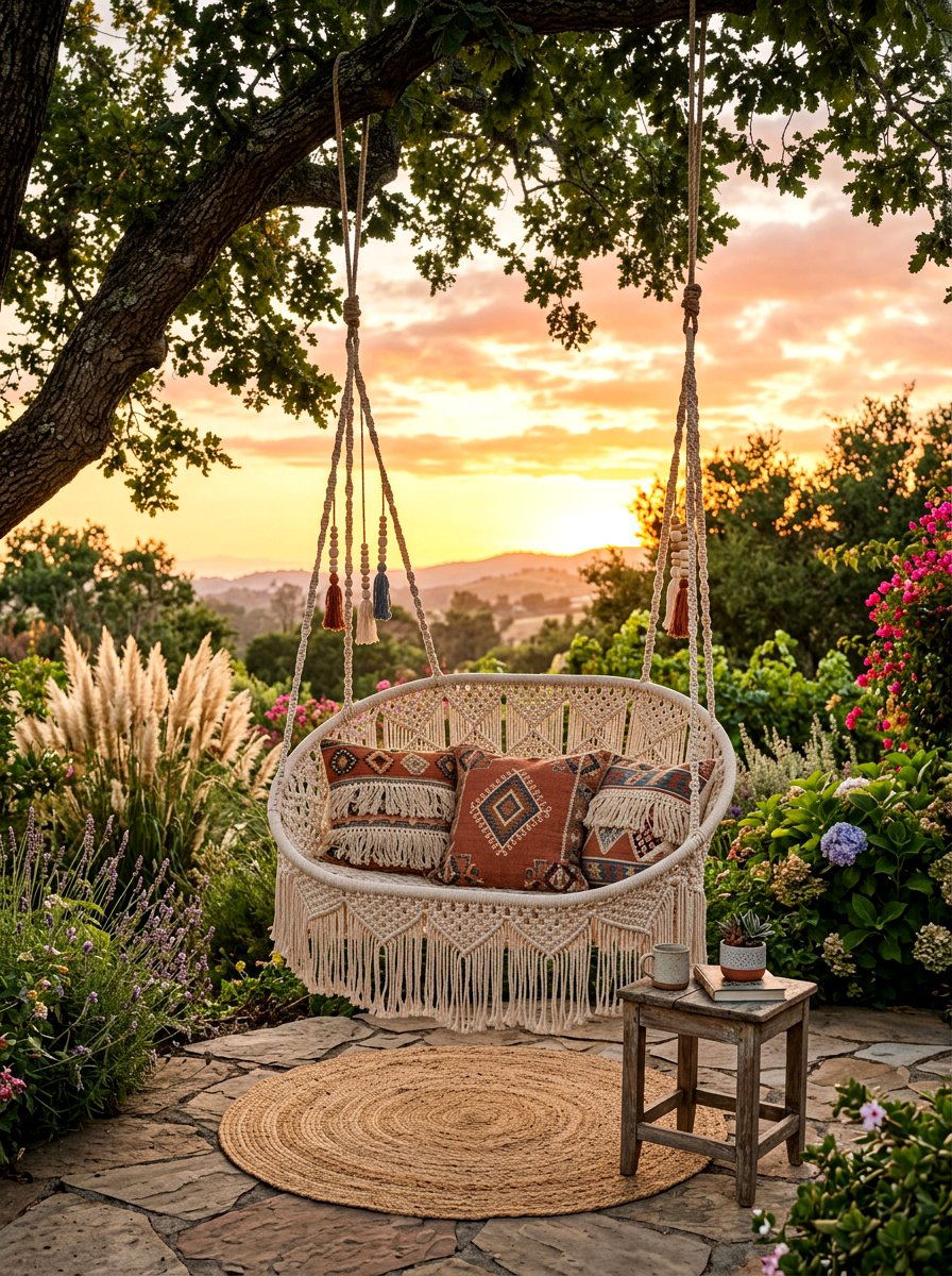 Bohemian Macrame Swing - 25 Spring Porch Swing Decor Ideas