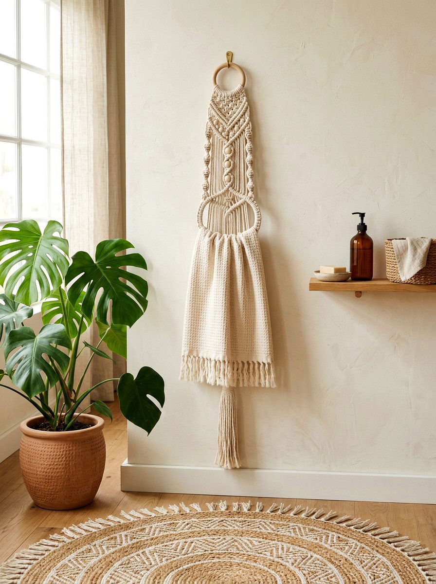 Bohemian Macrame Towel Holder - 25 Spring Towel Rack Decor Ideas
