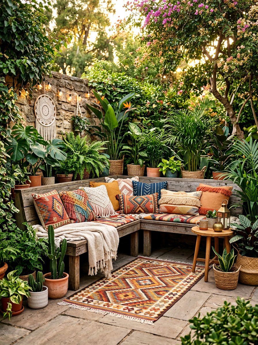 Bohemian Outdoor Bench Corner - 25 Spring Outdoor Bench Decor Ideas