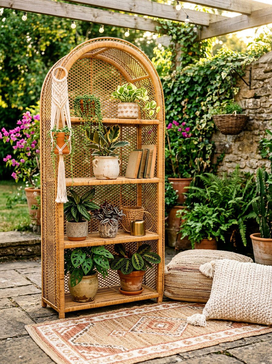 Bohemian Rattan Shelf - 25 Spring Outdoor Shelf Decor Ideas