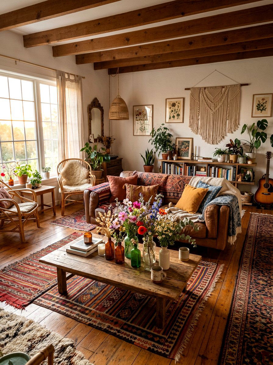 Bohemian Wildflower Living Room - 25 Spring Mantel Floral Ideas