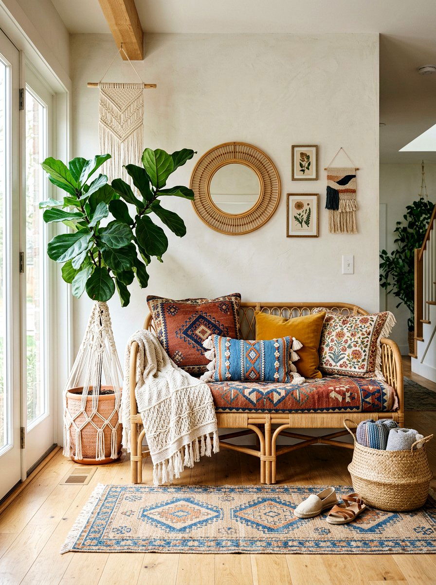 Boho Chic Rattan Bench - 25 Spring Entryway Bench Decor Ideas