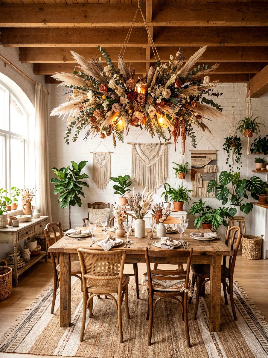 Boho Dried Flower Chandelier - 25 Spring Dried Flower Arrangement Ideas