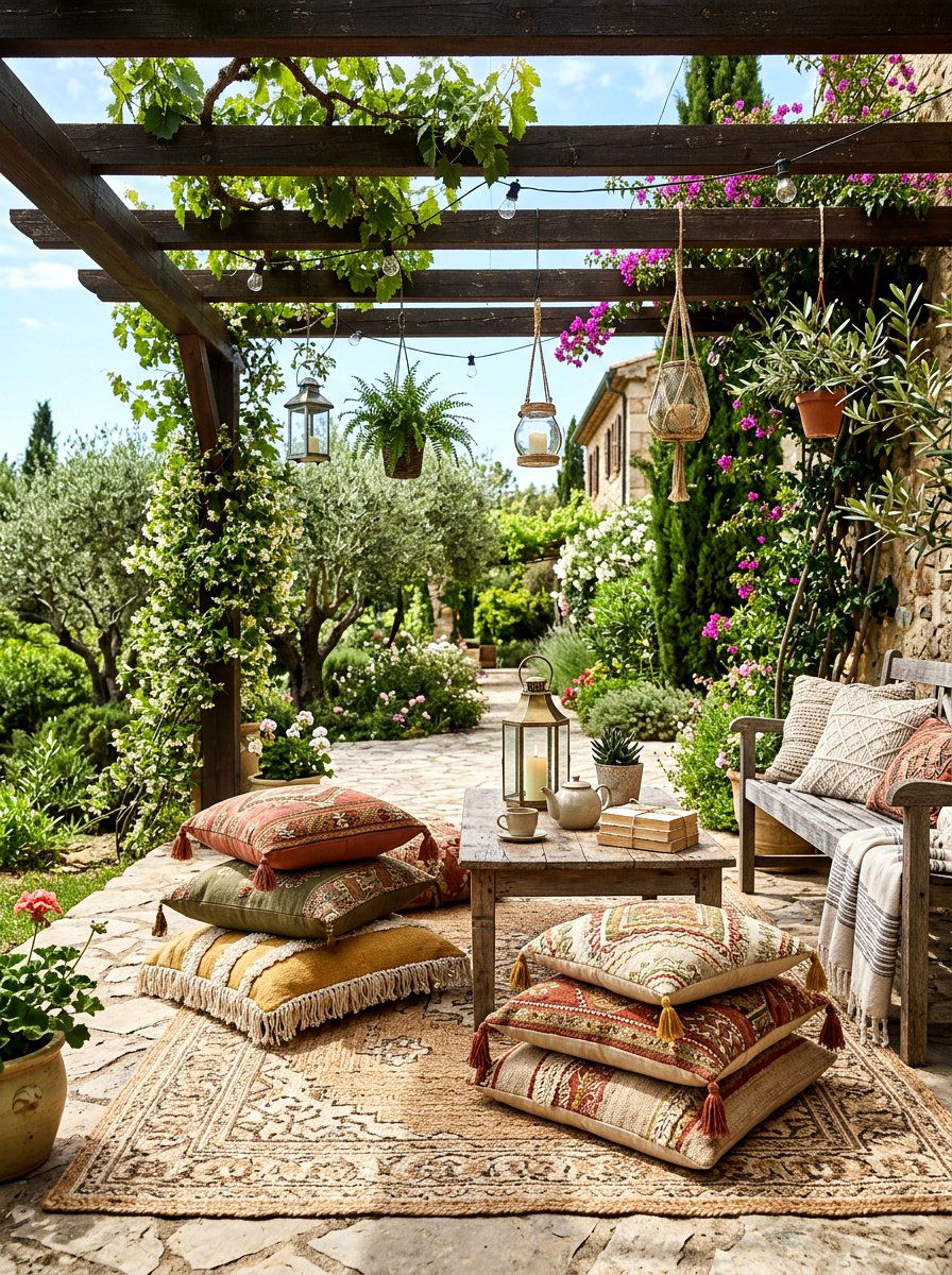 Boho Floor Pillows - 25 Spring Pergola Decor Ideas