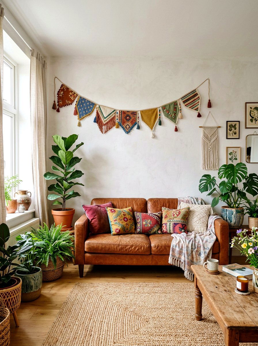 Boho Living Room Bunting - 25 Spring Fabric Bunting Ideas