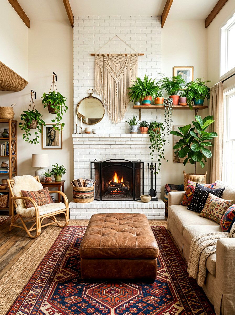 Boho Living Room Decor - 25 Spring White Brick Fireplace Ideas