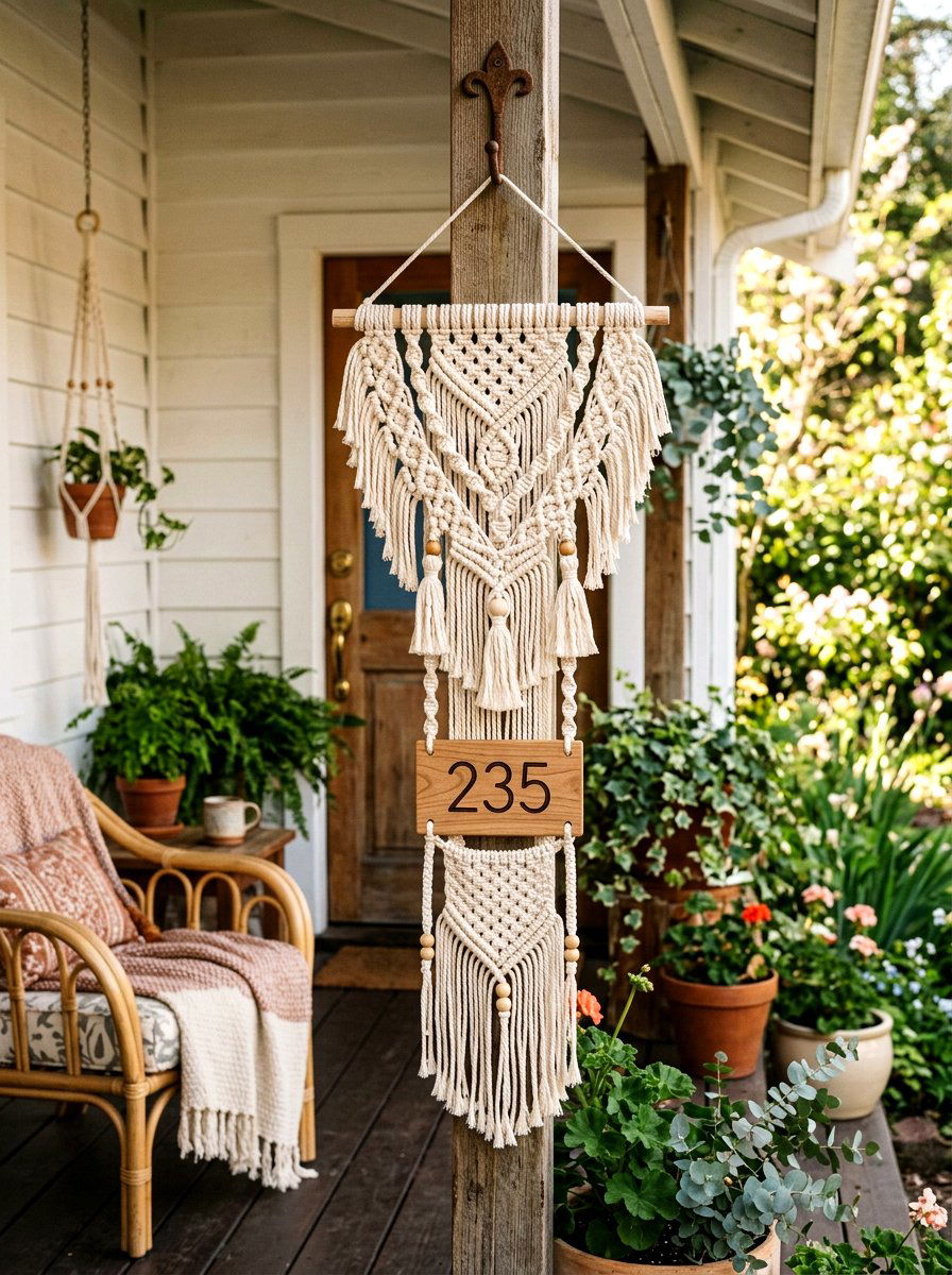 Boho Macrame Address Hanger - 25 Spring House Number Decor Ideas