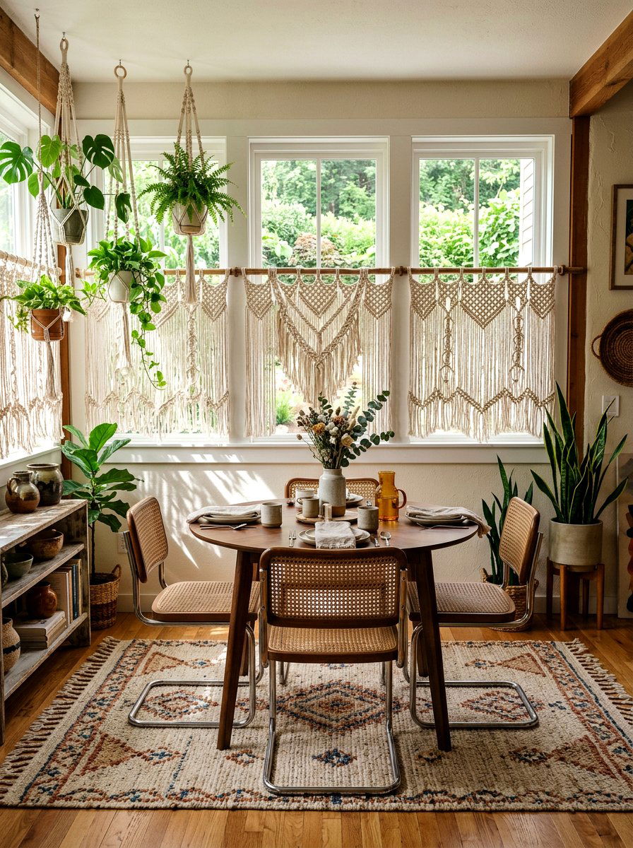Boho Macrame Cafe Curtain - 25 Spring Dining Room Curtain Ideas