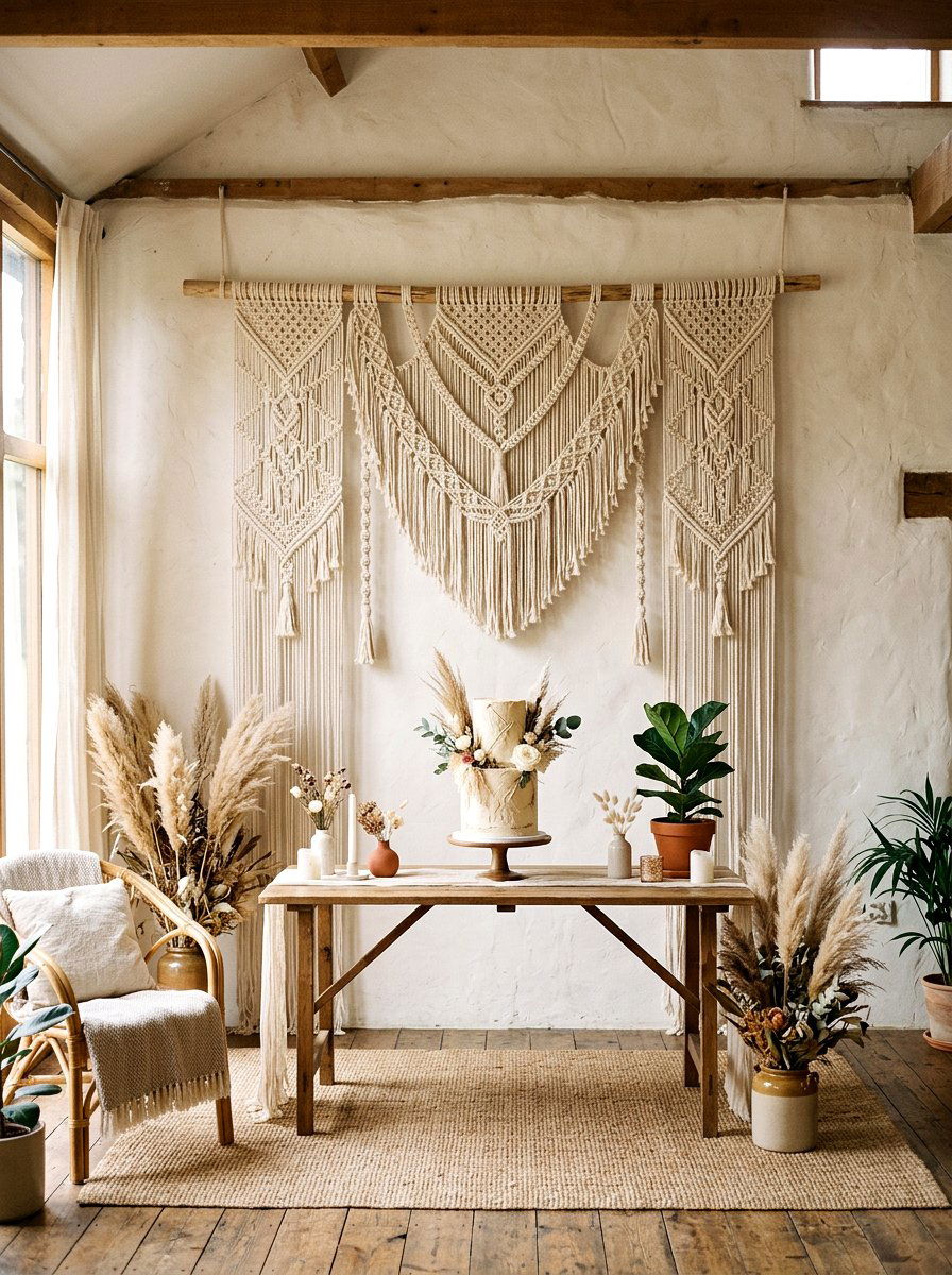 Boho Macrame Cake Backdrop - 25 Spring Wedding Cake Table Ideas