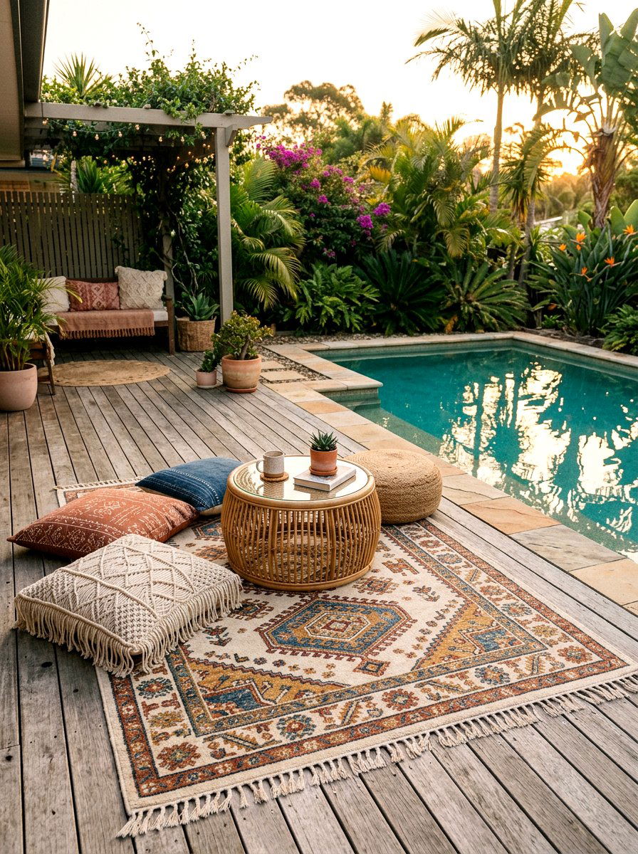 Boho Outdoor Area Rug - 25 Spring Pool Area Decor Ideas