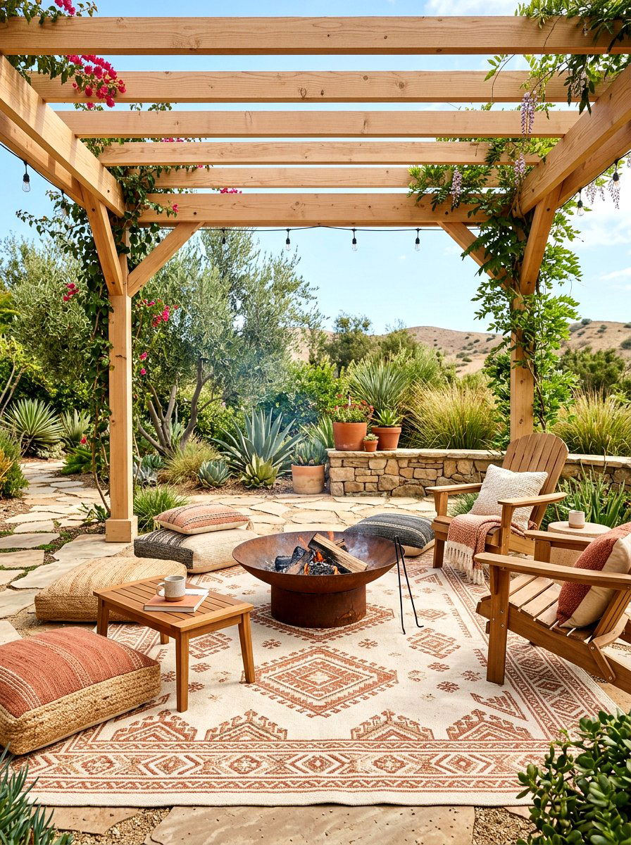 Boho Outdoor Rug Under Fire Pit - 25 Spring Fire Pit Area Decor Ideas