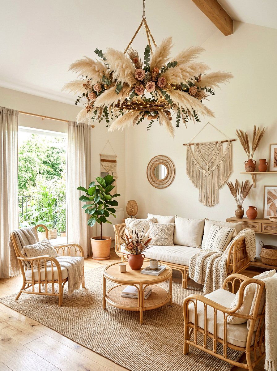Boho Pampas Grass Chandelier - 25 Spring Flower Chandelier Ideas