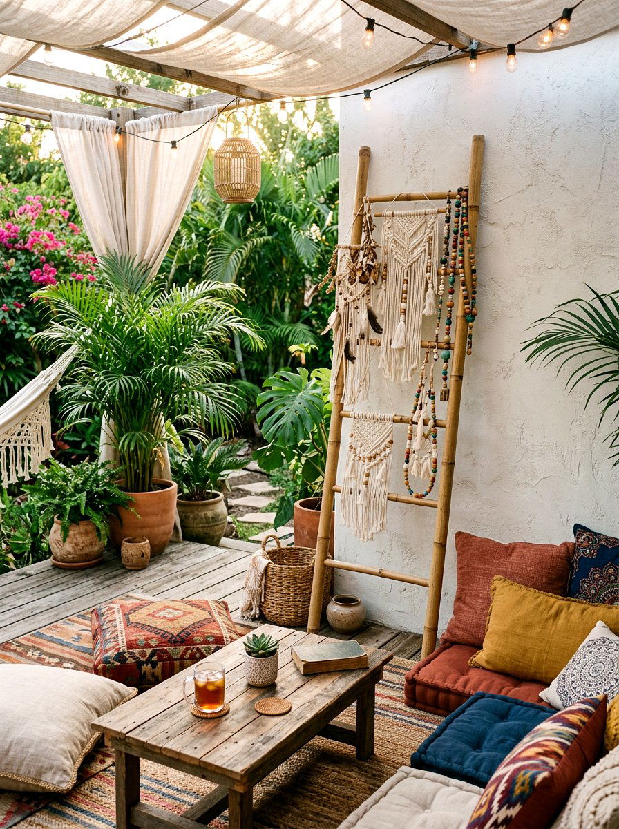 Boho Patio Furniture Setup - 25 Spring Ladder Decor Ideas