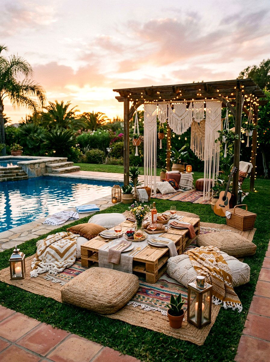Boho Picnic Area - 25 Spring Poolside Decor Ideas